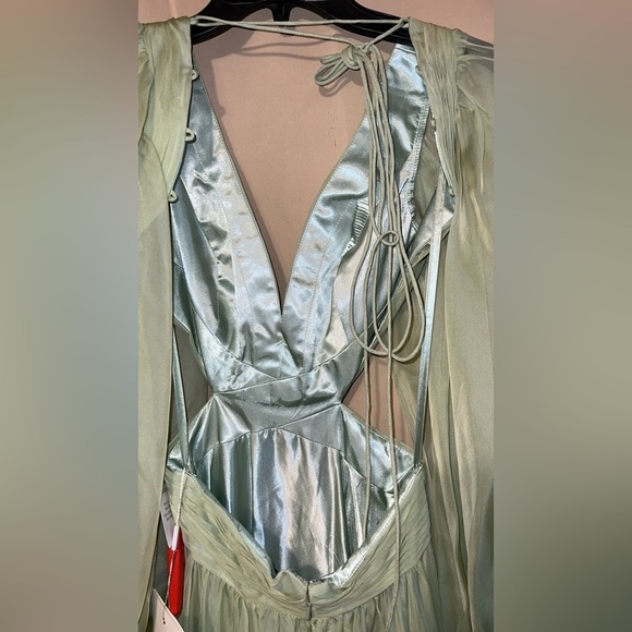 Mac Duggal 67948 NWT Green Pleated Cut Out Long Sleeve Lace Up Tiered Gown - Picture 8 of 11